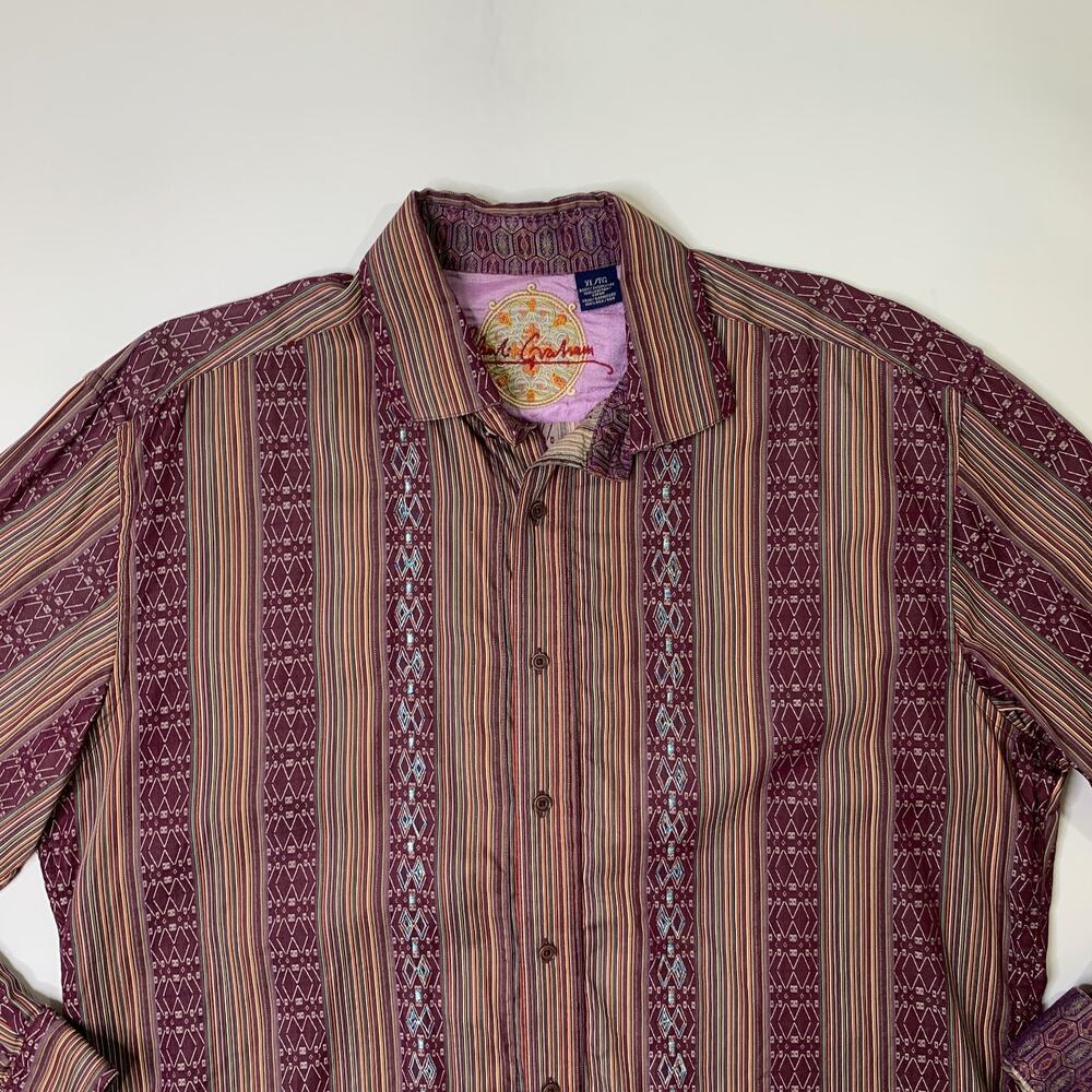 Robert Graham Shirt Mens Extra Large Garnet Flip Cuff Embroidered Striped Cotton - Picture 4 of 9